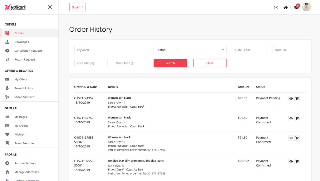 Ecommerce product order page